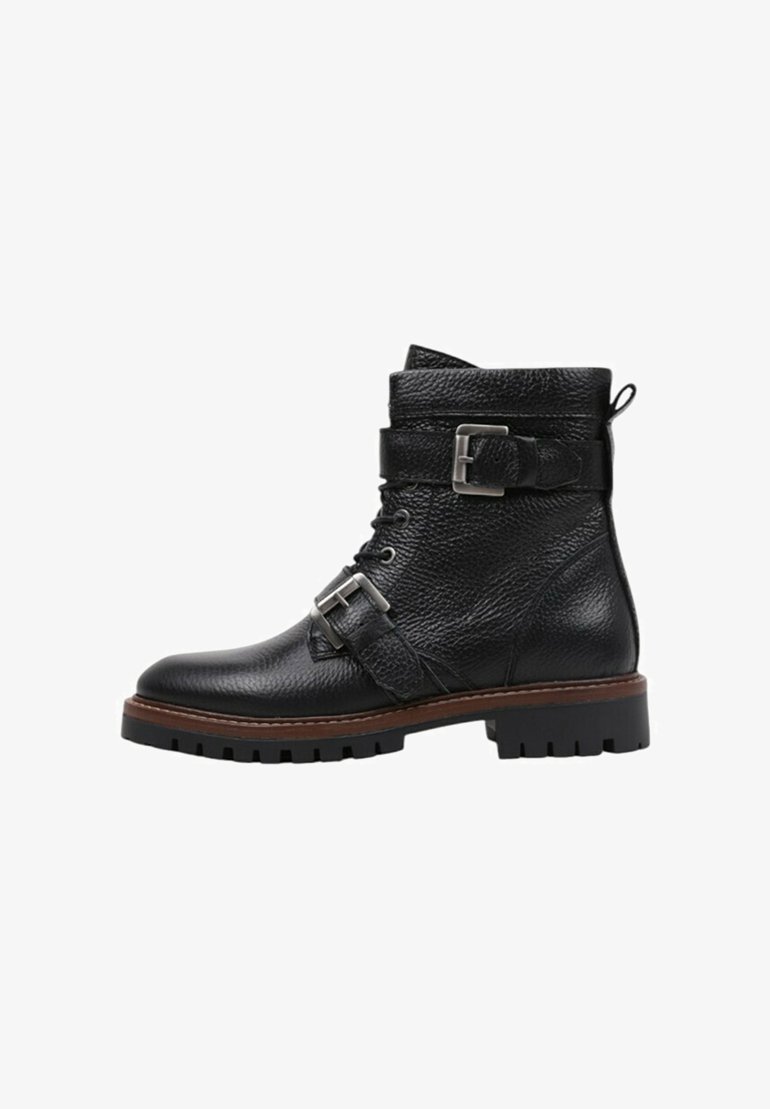 Black leather ankle boot with textured finish, lacing, a side buckle strap, and a rugged sole. Features a low heel and stitched detailing.