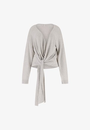 Pull en gris clair avec manches longues et un lien à l'avant qui descend en dessous de la taille.