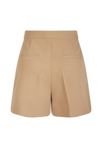 Béžové kraťasy s přiléhavým pasem, dvěma zadními kapsami a jemnými sklady pro zvýšený objem. Hladká tkanina s čistým provedením.