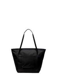 Sac fourre-tout noir en tissu résistant, doté de deux longues poignées, d'une grande ouverture et d'une poche avant pour un rangement supplémentaire.