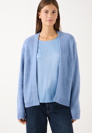 Frau trägt eine hellblaue offene Strickjacke über einer blauen Bluse und dunkelblauen Jeans, steht vor einem schlichten Hintergrund.