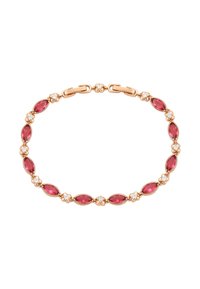 Bracciale in pietra rosa con gemme a forma di marquise, intervallate da piccoli accenti floreali e collegate da accessori in tonalità d'oro.