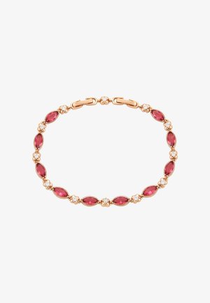 Rosa Steinarmband mit marquiseförmigen Edelsteinen, die mit kleinen floralen Akzenten durchsetzt und von goldfarbener Hardware verbunden sind.