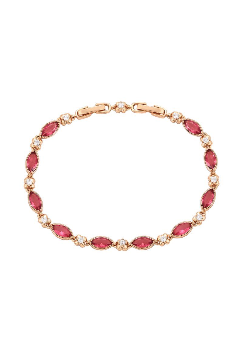 Bracciale in pietra rosa con gemme a forma di marquise, intervallate da piccoli accenti floreali e collegate da accessori in tonalità d'oro.