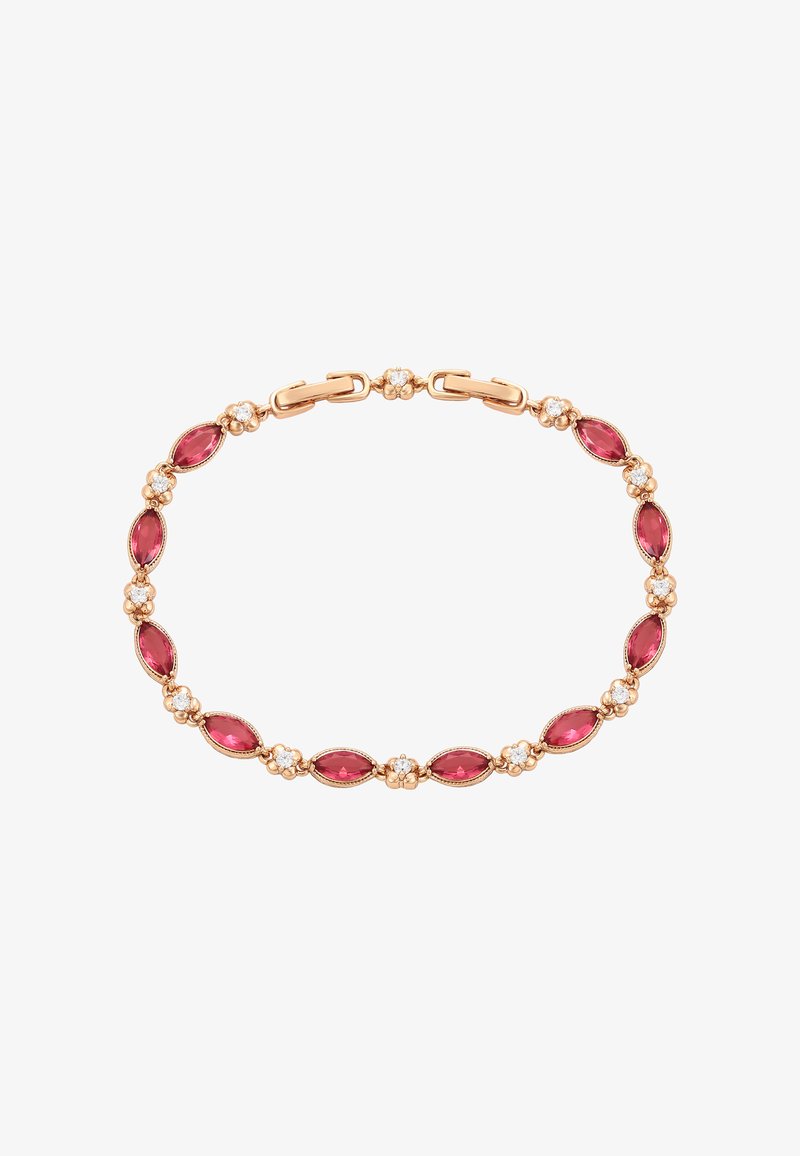 Rožinė akmenų apyrankė su marquise formos brangakmeniais, išdėstytais tarp mažų gėlių akcentų ir sujungtais auksinės spalvos detalėmis.