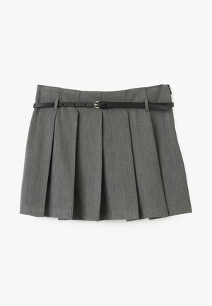 Grijze geplooide rok met een zwarte riem. Heeft een aansluitende taille, zijrits en klassieke tailoring. Gemaakt van een gestructureerde stof.