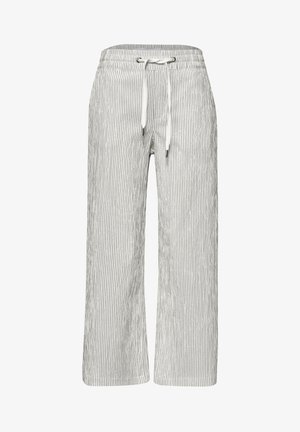 Pantalon large gris clair avec fines rayures noires verticales et cordon blanc à la taille élastique, vue de face sur fond blanc.