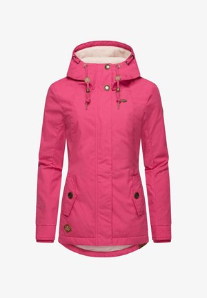 Giacca impermeabile rosa con zip frontale, cappuccio regolabile con coulisse, due tasche laterali e morbida fodera interna.