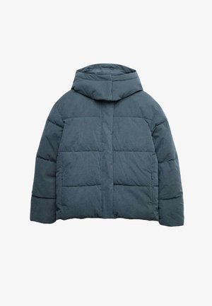 Gelaagde pufferjack in donker teal met een capuchon, uitgerust met een boxy vorm, een gemiddelde dikte en zijzakken. Glad, mat oppervlak.