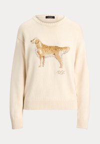 Maglione crema con un design lavorato a maglia, scollatura rotonda, polsini a coste e una grafica di un labrador retriever in evidenza sul davanti.