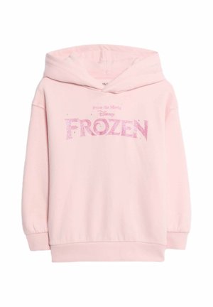 Pink hoodie made of soft fabric, featuring a large "Frozen" graphic in glittery pink with additional embellishments, relaxed fit, and hood.