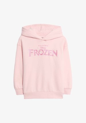 Rosa Kapuzenpullover aus weichem Stoff, mit einem großen, glitzernden "Frozen"-Grafik in pink und zusätzlichen Verzierungen, lässiger Schnitt und Kapuze.