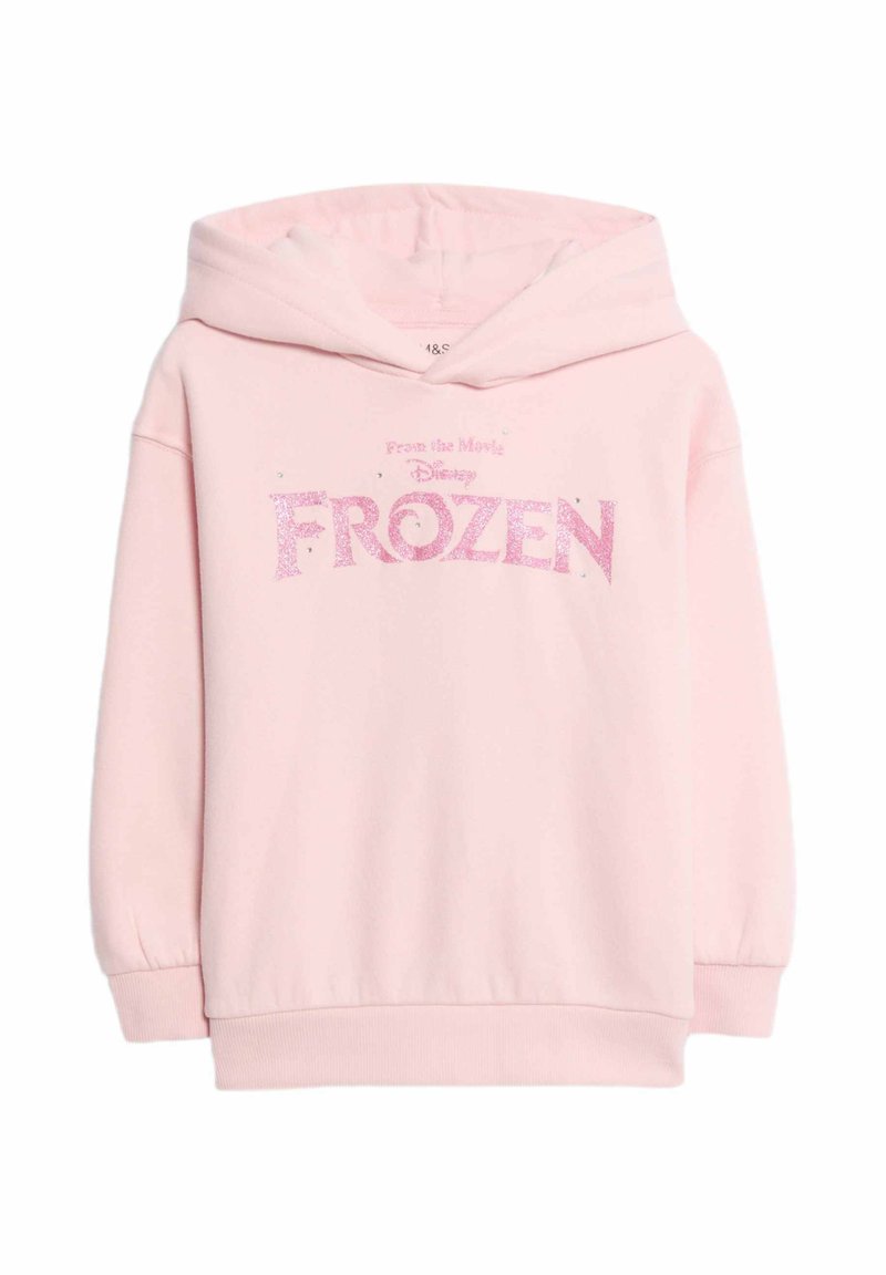 Sudadera rosa hecha de tela suave, con un gran gráfico de "Frozen" en rosa brillante y adornos adicionales, corte holgado y capucha.