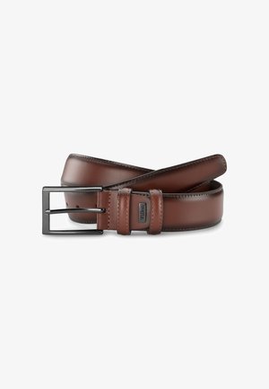 Brauner Leder Gürtel mit einem eleganten Design, ausgestattet mit einer silberfarbenen Metallschnalle und genähten Details. Das Material ist glatt und hat einen leichten Glanz.