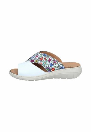 White slide sandal with beige sole and strap featuring a colorful floral pattern, open toe, and cushioned footbed.