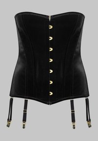 Corset bustier en velours noir sans bretelles avec fermetures à crochets dorés à l'avant et quatre jarretelles réglables.