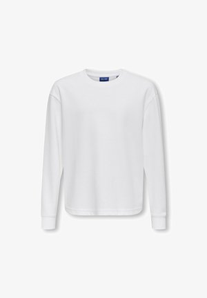 T-shirt blanc à manches longues et col rond avec un design simple et des poignets côtelés, présenté sur un fond blanc uni.