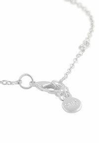 Silver chainhalsband med länkade ovala och runda element, med en hummerlåsning och en liten graverad rund tagg.