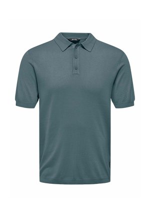 Herren-Polohemd in teal, mit klassischem Kragen, einer dreiknopfigen Knopfleiste, kurzen Ärmeln und einem strukturierten Stoff.
