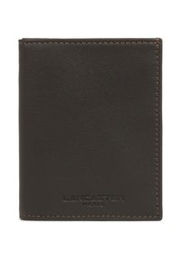 Portefeuille en cuir brun foncé avec des coutures visibles et un logo "Lancaster Paris" embossé en bas au centre.