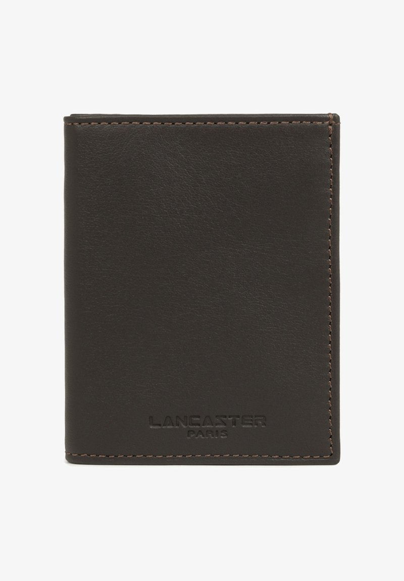 Portefeuille en cuir brun foncé avec des coutures visibles et un logo "Lancaster Paris" embossé en bas au centre.