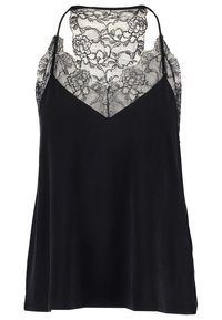 Camisola nera con un sovrapposto in pizzo sullo scollo. Presenta spalline sottili e una vestibilità morbida, realizzata in un tessuto morbido e liscio.