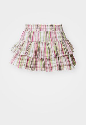 Plisseskjørt med elastisk linning, med et rutete mønster i rosa, grønt og brune nyanser. Lett bomullsmateriale.