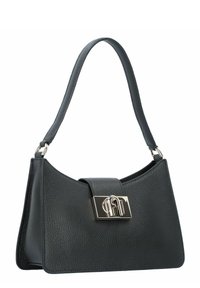 Sac en cuir noir avec une finition légèrement texturée, présentant une forme structurée, une poignée courte et un fermoir métallique.