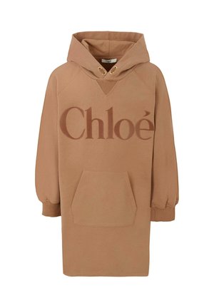 Abito felpa con cappuccio marrone, dotato di una grande tasca frontale, polsini a coste e logo "Chloé" in marrone scuro sul petto. Materiale morbido.