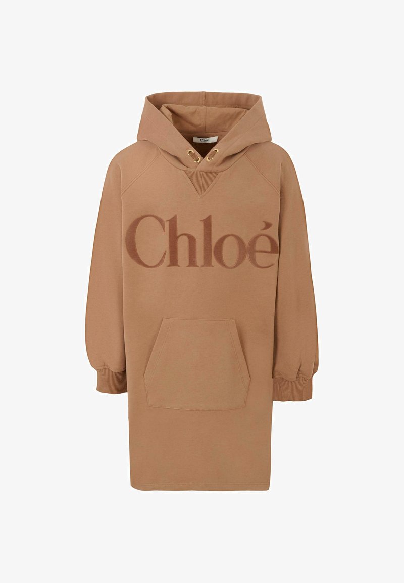 Abito felpa con cappuccio marrone, dotato di una grande tasca frontale, polsini a coste e logo "Chloé" in marrone scuro sul petto. Materiale morbido.