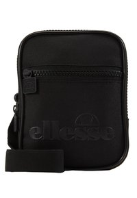Sac bandoulière noir en nylon texturé, avec une poche frontale zippée, une sangle ajustable et un logo embossé à l'avant.
