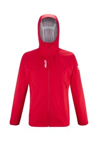 Veste coupe-vent rouge avec capuche ajustée, fermeture éclair à l'avant, deux poches latérales, poignets élastiques et marquage réfléchissant sur la poitrine.