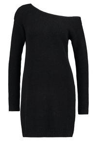 Schwarzes, oversized Strickkleid mit einem schulterfreien Ärmel, geripptem Material und langen Ärmeln; gerade geschnittene Saumlinie in Oberschenkelhöhe.