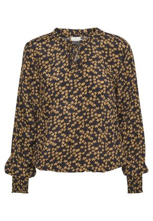 Schwarze Bluse mit langen Ärmeln und kleinem gelbem Blumenmuster, rundem Ausschnitt, Bindedetail vorne und gerafften Manschetten.