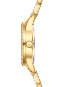 Zelta tonis pulkstenis ar apaļu korpusu, ar teksturētu rāmīti, gludu virsmu un savienotu aproci. Korpusa kronītim ir ziedu logotipa detalizācija.