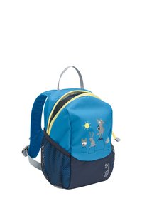 Blauwe en marineblauwe rugzak van stof met een zijvak van gaas, voorzien van dierenontwerpen, een handvat bovenaan en dubbele ritscompartimenten.