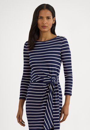 STRIPED TIE FRONT COTTON BLEND DRESS - Jerseykjole - refined navy/white