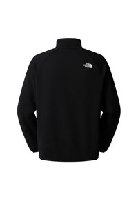 Veste polaire noire à manches longues avec col montant et logo blanc The North Face sur la partie supérieure gauche du dos.