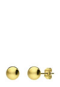 Boucles d'oreilles en métal doré avec un design rond poli et un fermoir sécurisé. Texture lisse avec une surface réfléchissante.