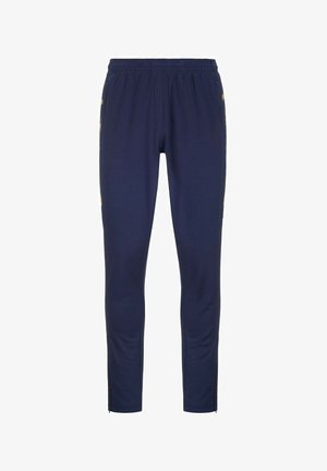 Pantalones deportivos azul marino con cintura elástica, piernas de largo completo y cremalleras laterales en los tobillos.