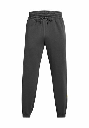 Mørkegrå sweats med blødt stof, der har en elastisk talje med justerbar snor og smalle håndled ved anklerne.