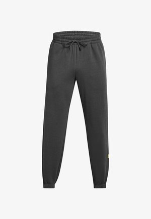 Pantaloni felpati grigi scuri realizzati in tessuto morbido, con vita elasticizzata e cordoncino regolabile, e polsini a strumento alle caviglie.