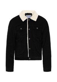 Schwarze Cordjacke mit einem weißen Kunstfellkragen, zwei Brusttaschen, Metallknöpfen und einem cropped Design mit geraden Ärmeln.