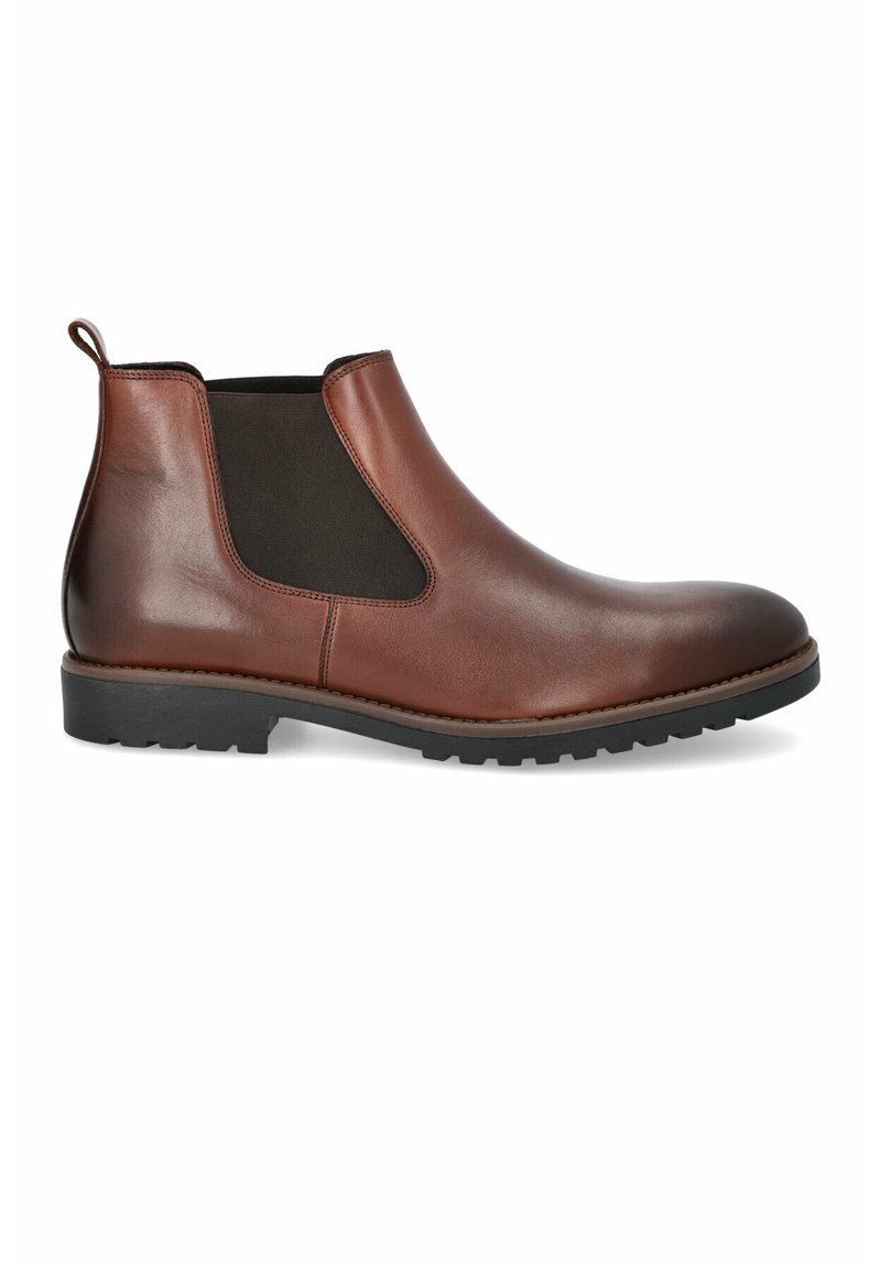 Brązowe skórzane botki Chelsea z elastycznymi panelami po bokach, okrągłym noskiem i teksturowaną gumową podeszwą. Pętla przy pięcie ułatwiająca zakładanie.