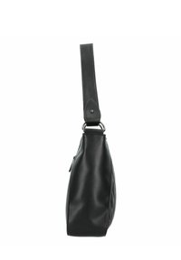 Black leather shoulder bag with a smooth texture, a single adjustable strap, and a curved silhouette featuring a zippered side pocket.