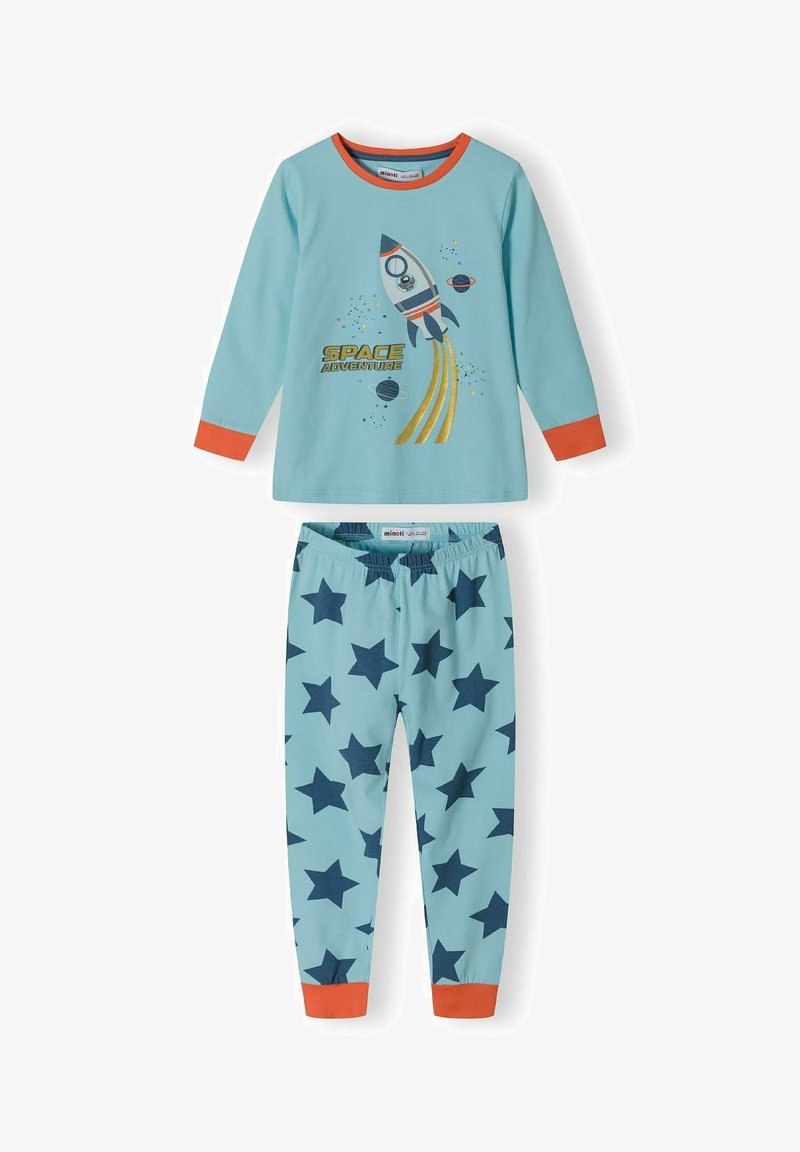 Light blue pajamas with long sleeves. T-shirt features a rocket and "SPACE ADVENTURE" graphic in gold. Pants have dark blue star patterns.