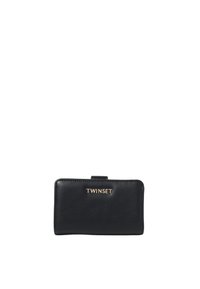 Portafoglio in pelle nera con logo "TWINSET" dorato centrato sulla parte anteriore, forma rettangolare e chiusura a linguetta frontale.