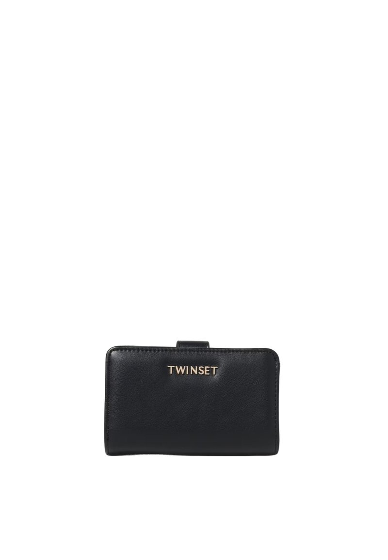 Portafoglio in pelle nera con logo "TWINSET" dorato centrato sulla parte anteriore, forma rettangolare e chiusura a linguetta frontale.