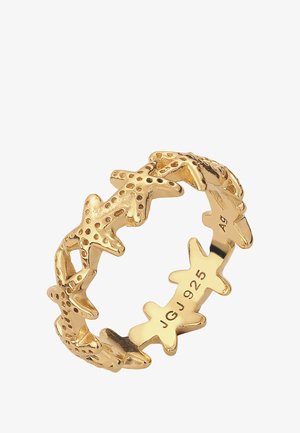 Goudkleurige ring met een continu zee ster ontwerp, voorzien van gestreepte accenten en gegraveerde markeringen aan de binnenband.