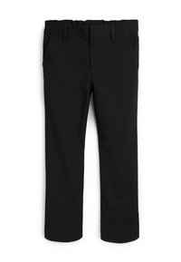 Schwarze Hose mit Gummizugbund, strukturierter Gestaltung, zwei Vorderstaschen und geraden Beinen aus einem glatten Stoff.